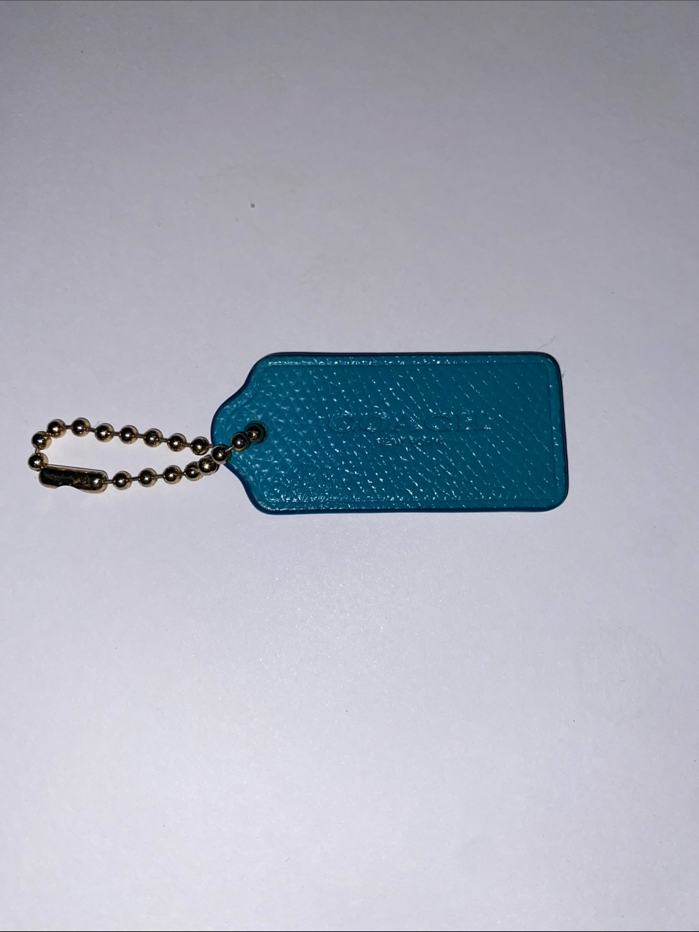 Vintage Coach Teal Blue Pebbled Leather Hang Tag with Gold Chain 2” X 1”